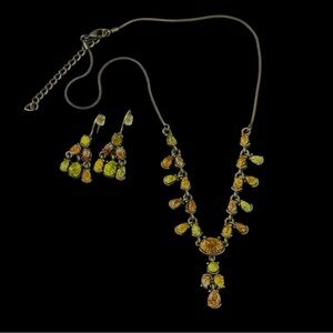 Vintage LC Topaz Green Tone Bronze-Tone Necklace & Earrings Jewelry Set